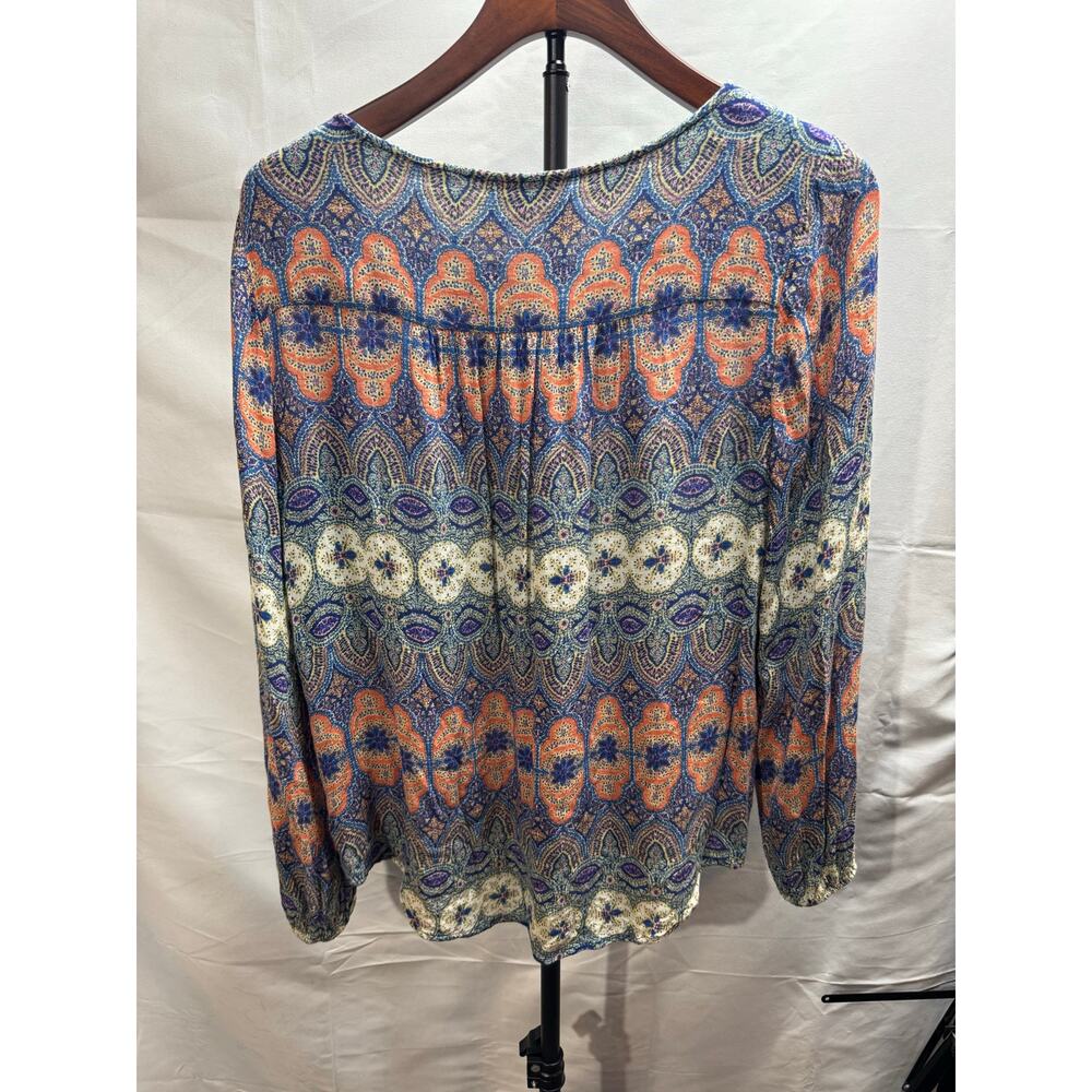 Lucky Brand Women’s Medium Tunic Top Peasant Boho Tie Neck Rayon Blue Orange - Picture 9 of 9